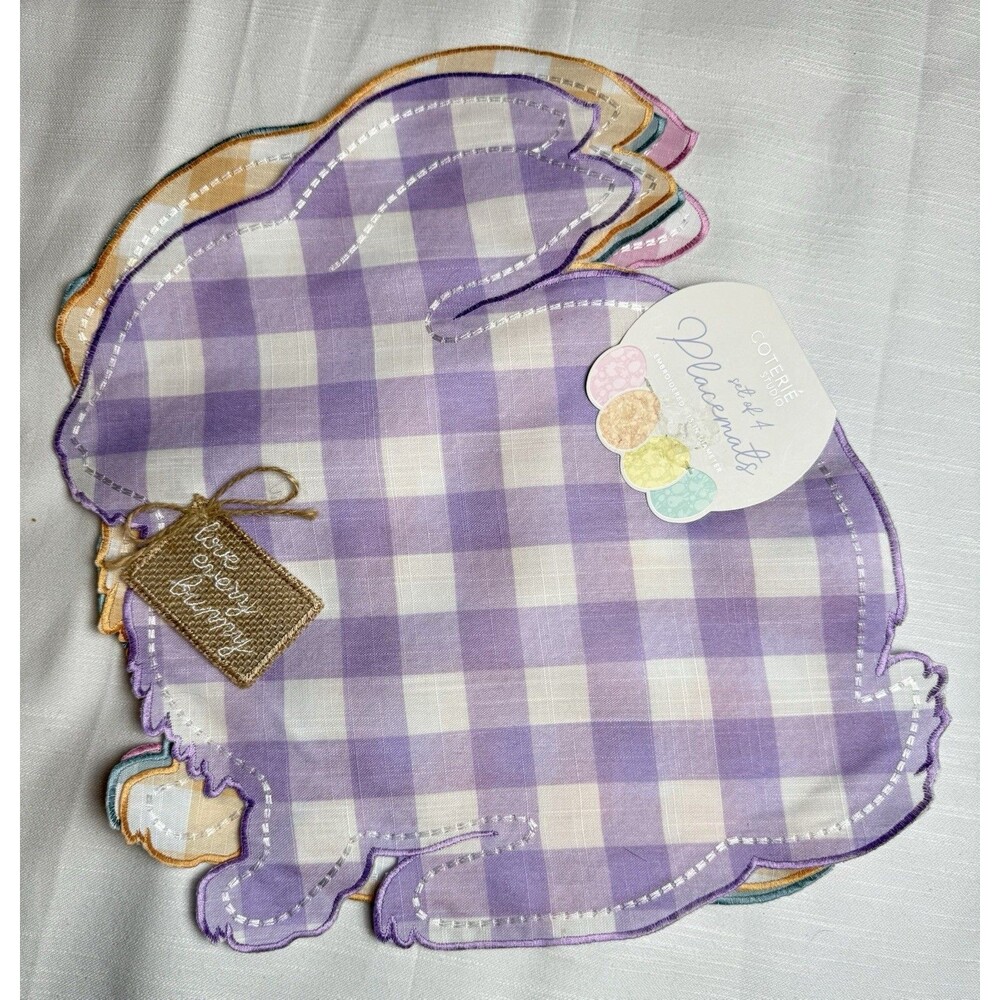 Coterie Studio Set Of 4 Embroidered Pastel Plaid Bunny Easter Placemats 15” New